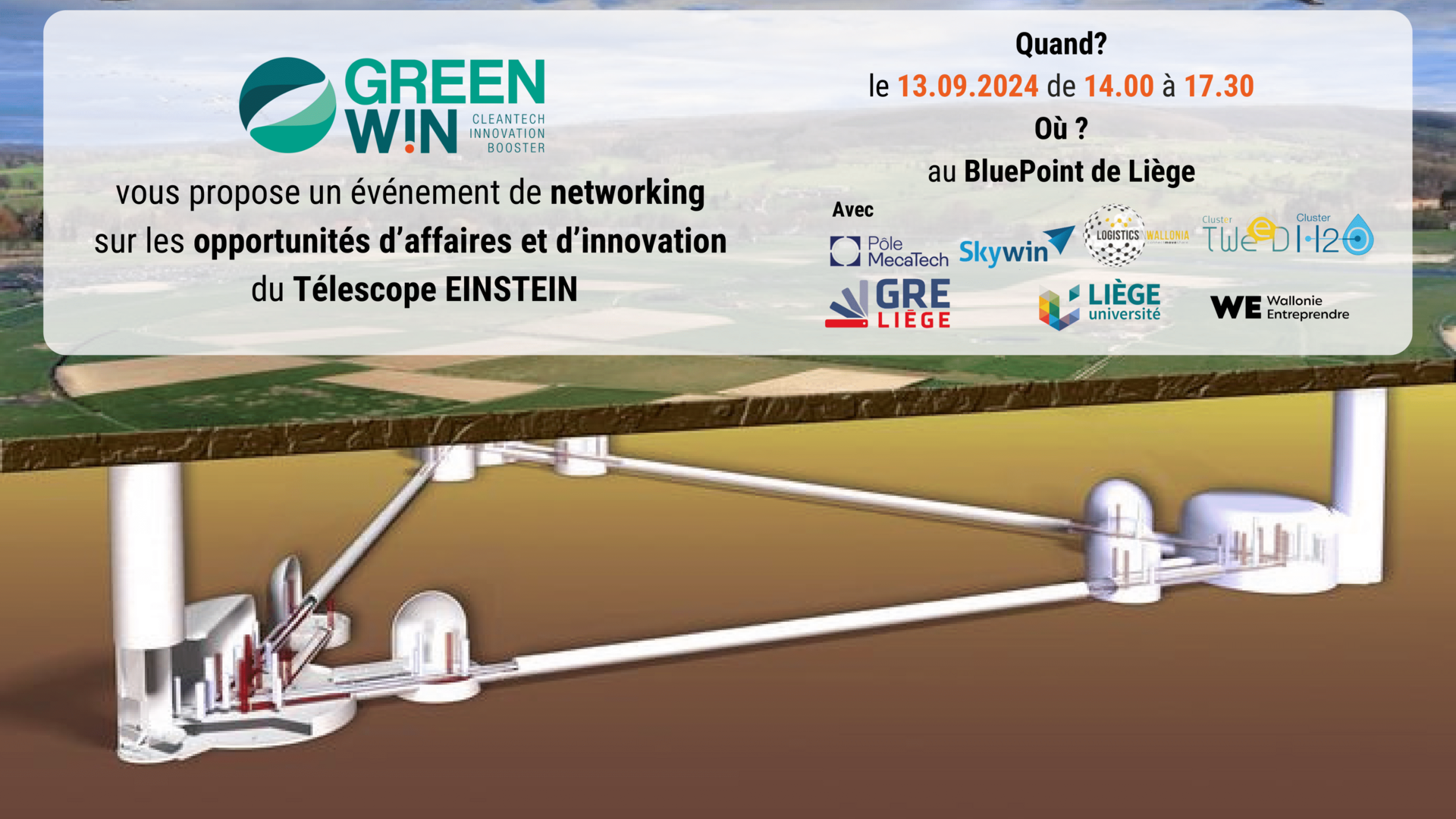 Votre entreprise est active dans l'excavation, la construction circulaire, les matériaux circulaires, l'approvisionnement en énergie et la maintenance d'infrastructures complexes ...? Participez à ce Get-Together Hub de GreenWin sur le Télescope EINSTEIN,